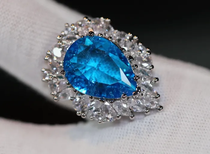 Aquamarine Blue Diamond Ring Womens Blue Teardrop Diamond Ring Lab Diamonds London Rings