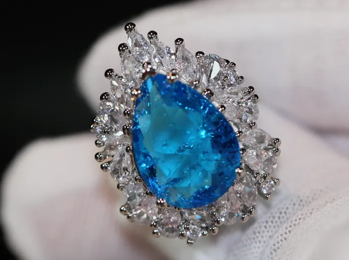 Aquamarine Blue Diamond Ring Womens Blue Teardrop Diamond Ring Lab Diamonds London Rings