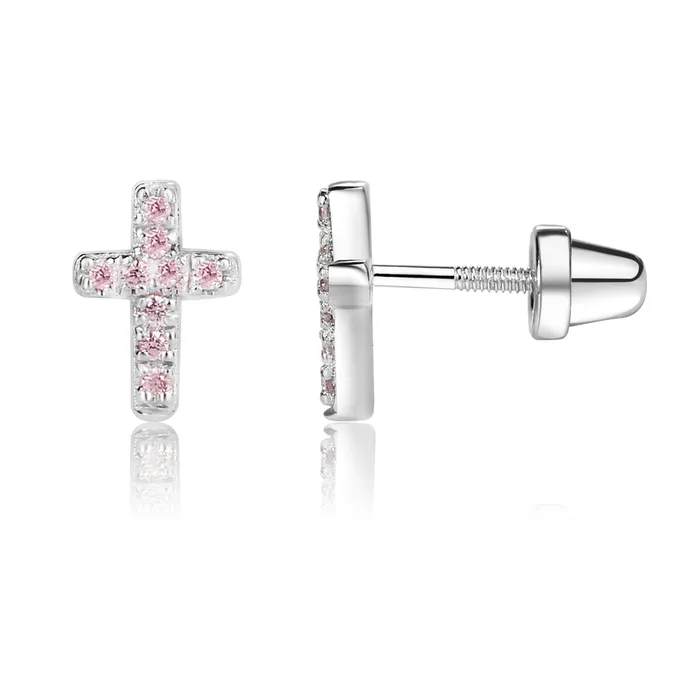 Cherished Moments Earrings Sterling Silver Cross Earrings with Pink CZs for Baptism or Communion
