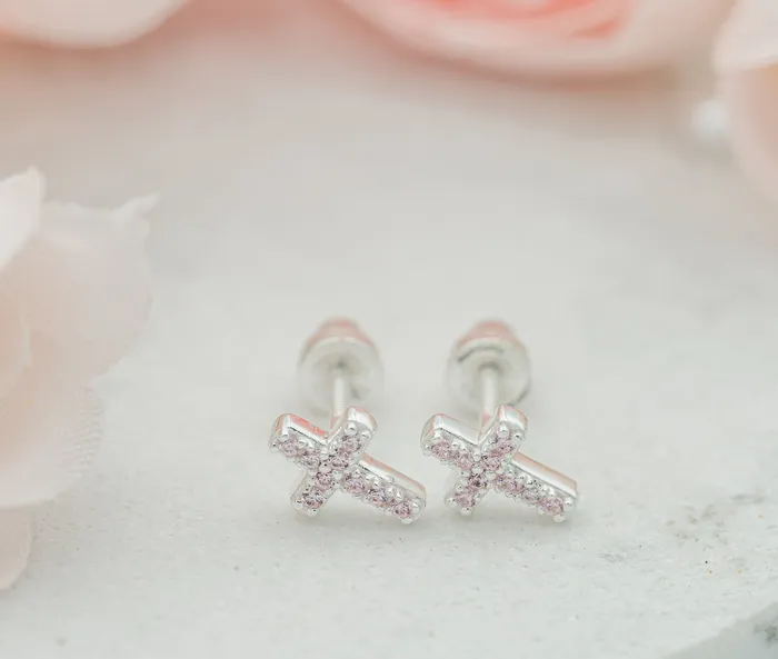 Cherished Moments Earrings Sterling Silver Cross Earrings with Pink CZs for Baptism or Communion