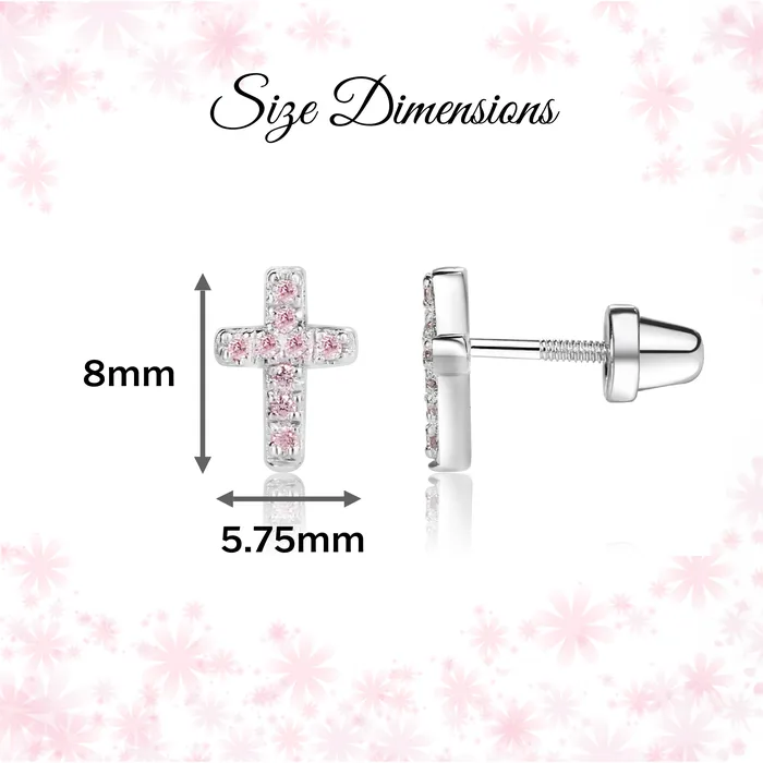 Cherished Moments Earrings Sterling Silver Cross Earrings with Pink CZs for Baptism or Communion