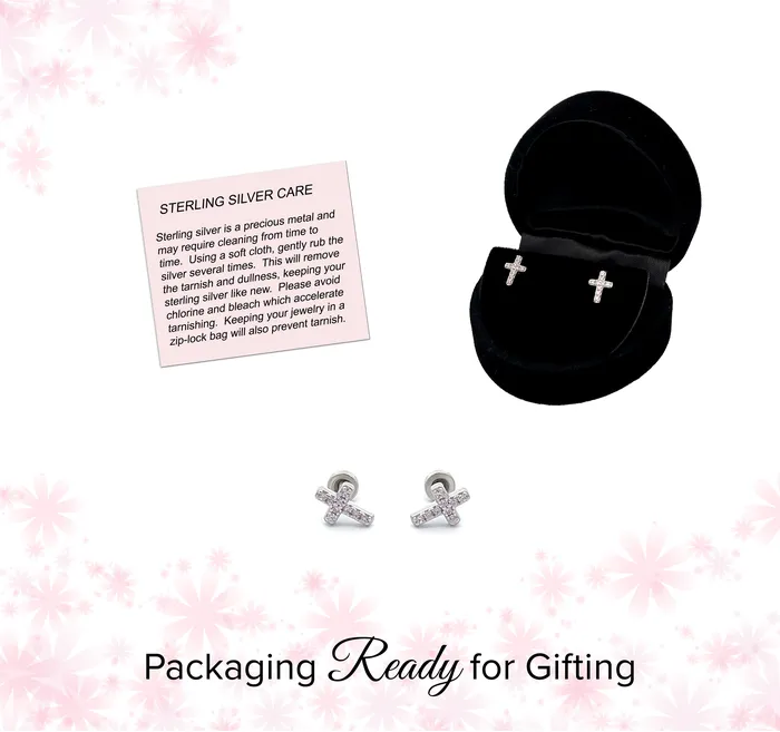 Cherished Moments Earrings Sterling Silver Cross Earrings with Pink CZs for Baptism or Communion