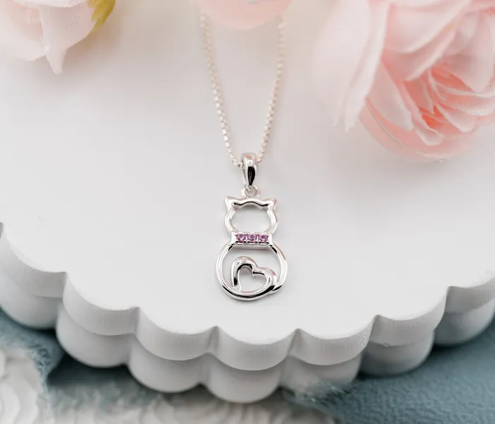 Cherished Moments Necklaces Little Girls Sterling Silver Pink Cat Necklace for Kids