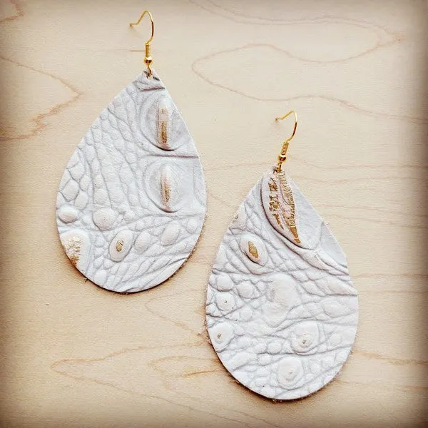 Earrings The Jewelry Junkie Leather Teardrop EarringWhite and Gold Gator Online Only