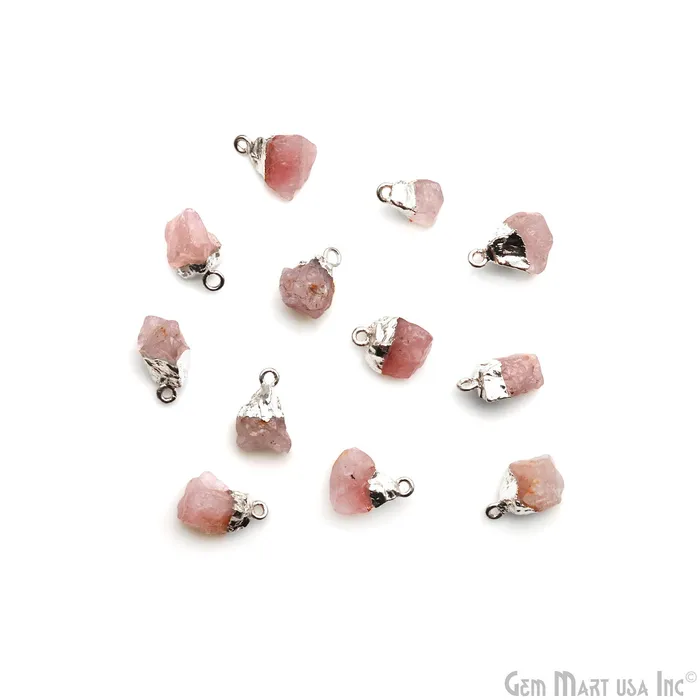 GemMartUSA Charm Necklaces Rough Rose Quartz Gemstone 15x10mm Organic Silver Edged Single Bail Connector Charm