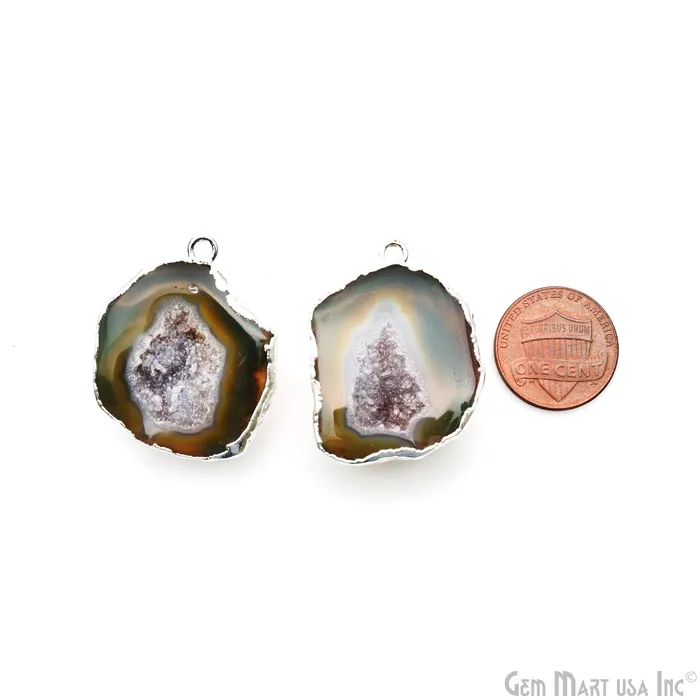 GemMartUSA Earrings Geode Druzy 34x25mm Organic Silver Electroplated Single Bail Gemstone Earring Connector 1 Pair