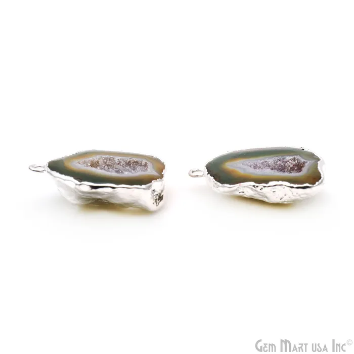 GemMartUSA Earrings Geode Druzy 34x25mm Organic Silver Electroplated Single Bail Gemstone Earring Connector 1 Pair