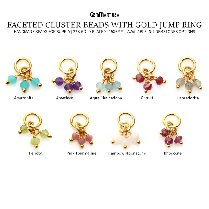 GemmartUSA Faceted Gemstone Cluster Beads With Gold Jump Ring 15x6mm Rings