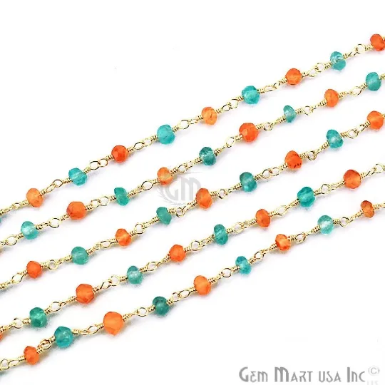 GemMartUSA Necklaces Carnelian With Aqua Chalcedony Gold Wire Wrapped Beads Rosary Chain