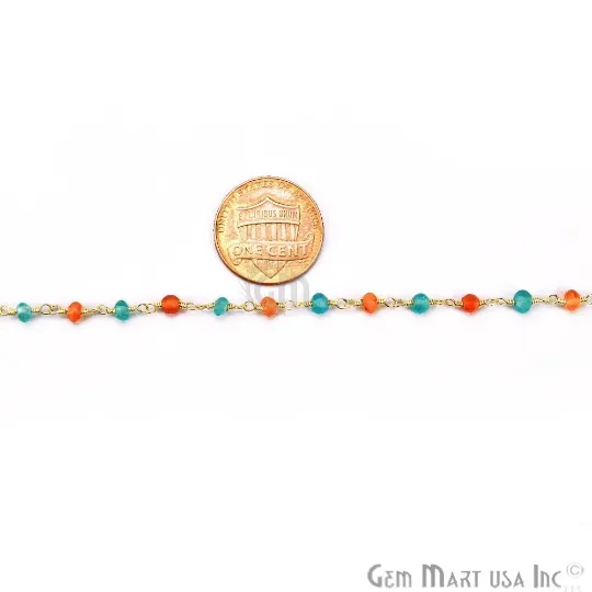GemMartUSA Necklaces Carnelian With Aqua Chalcedony Gold Wire Wrapped Beads Rosary Chain