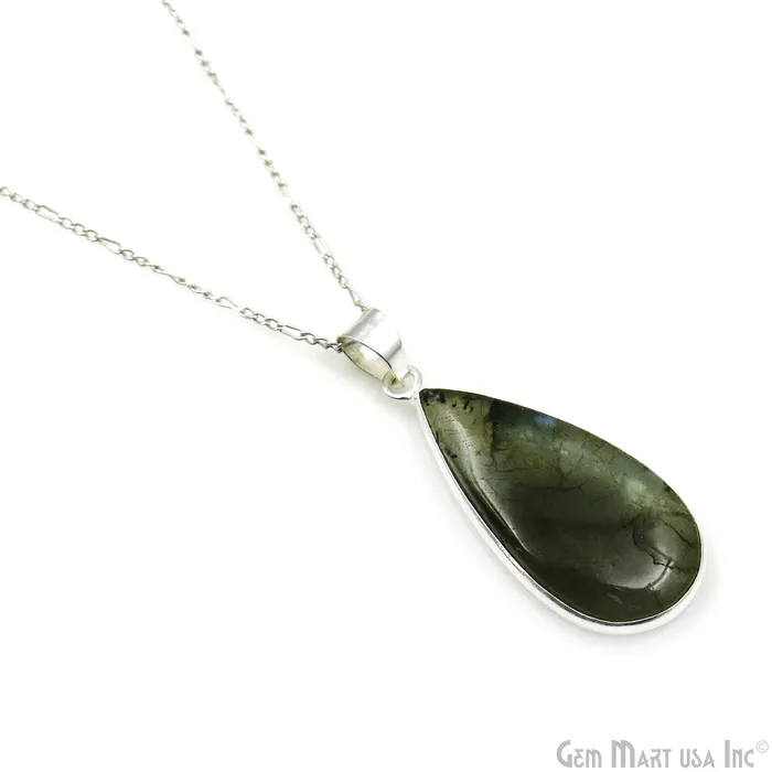 GemMartUSA Necklaces Labradorite Gemstone Pears 40x18mm Sterling Silver Necklace Pendant 1PC