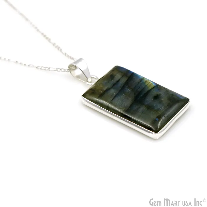 GemMartUSA Necklaces Labradorite Gemstone Rectangle 35x20mm Sterling Silver Necklace Pendant 1PC