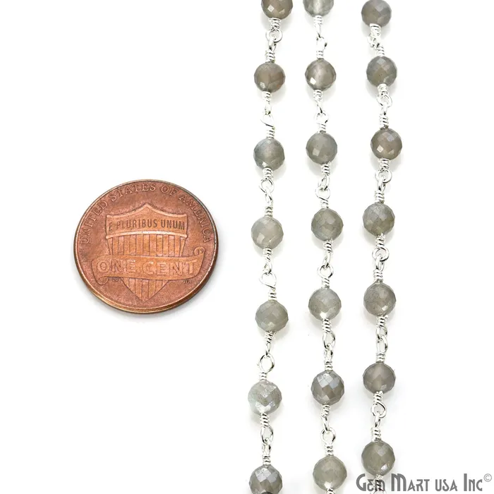 GemMartUSA Necklaces Mistique Labradorite Gemstone Faceted Beads 4mm Silver Wire Wrapped Bead Rosary Chain