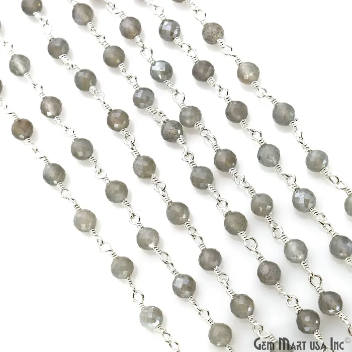 GemMartUSA Necklaces Mistique Labradorite Gemstone Faceted Beads 4mm Silver Wire Wrapped Bead Rosary Chain