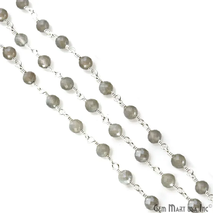GemMartUSA Necklaces Mistique Labradorite Gemstone Faceted Beads 4mm Silver Wire Wrapped Bead Rosary Chain