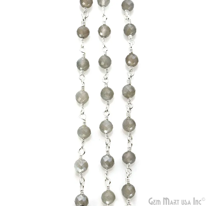 GemMartUSA Necklaces Mistique Labradorite Gemstone Faceted Beads 4mm Silver Wire Wrapped Bead Rosary Chain