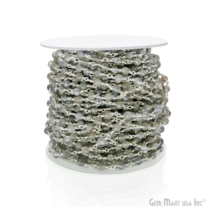 GemMartUSA Necklaces Mistique Labradorite Gemstone Faceted Beads 4mm Silver Wire Wrapped Bead Rosary Chain