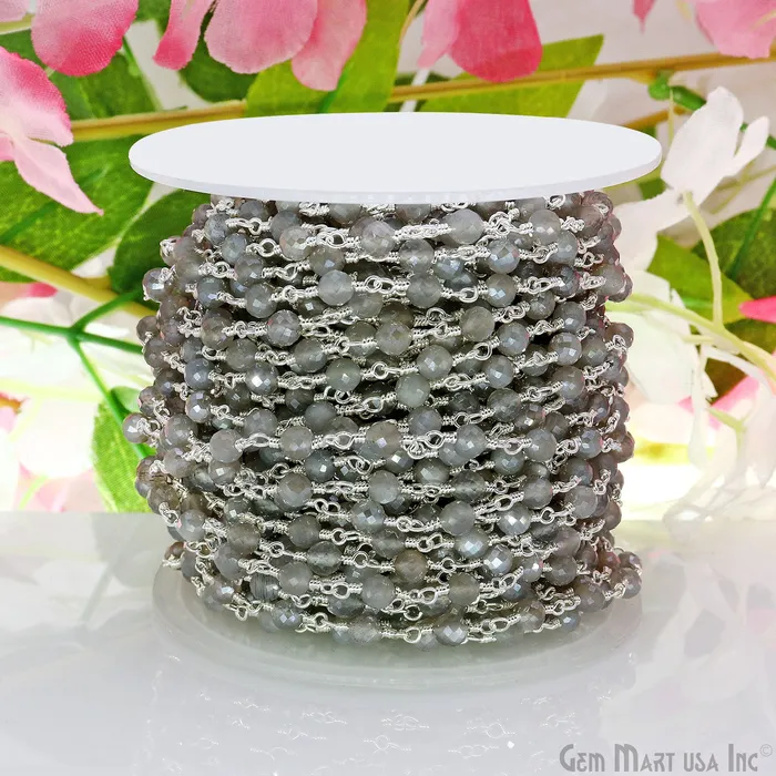 GemMartUSA Necklaces Mistique Labradorite Gemstone Faceted Beads 4mm Silver Wire Wrapped Bead Rosary Chain