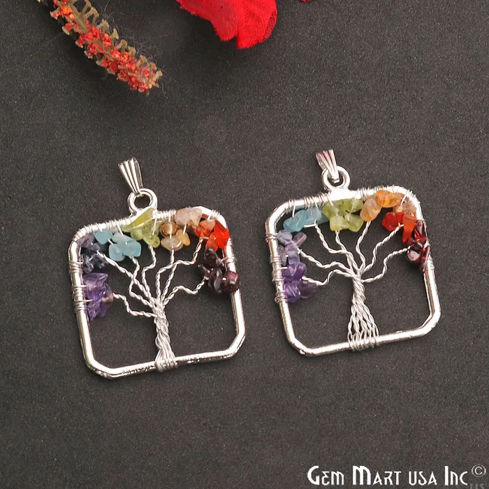 GemMartUSA Necklaces Multi Color Tree Of Life 39x35mm Silver Wire Wrapped Square Shape Pendant