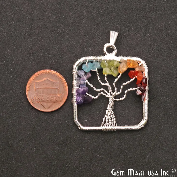 GemMartUSA Necklaces Multi Color Tree Of Life 39x35mm Silver Wire Wrapped Square Shape Pendant