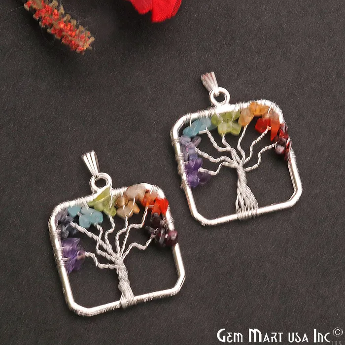 GemMartUSA Necklaces Multi Color Tree Of Life 39x35mm Silver Wire Wrapped Square Shape Pendant