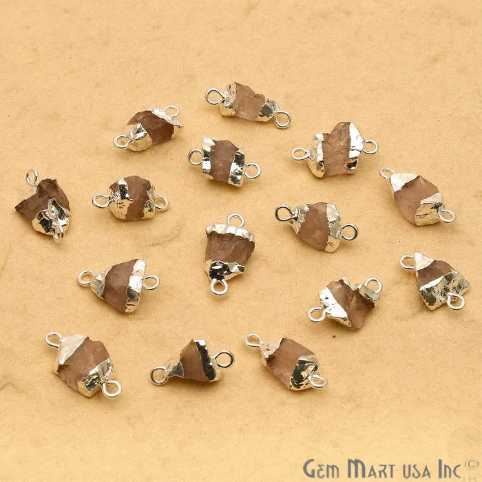 GemmartUSA Necklaces Rough Rose Quartz Organic 18x9mm Silver Electroplated Double Bail Pendant Connector