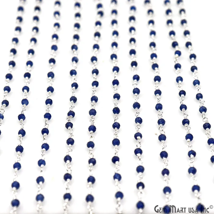 GemMartUSA Necklaces Sapphire 225mm Tiny Beads Silver Plated Wire Wrapped Rosary Chain