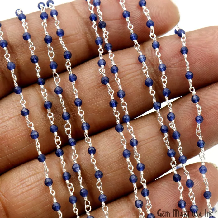GemMartUSA Necklaces Sapphire 225mm Tiny Beads Silver Plated Wire Wrapped Rosary Chain