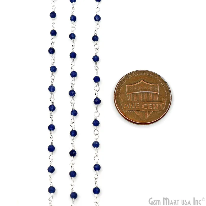 GemMartUSA Necklaces Sapphire 225mm Tiny Beads Silver Plated Wire Wrapped Rosary Chain