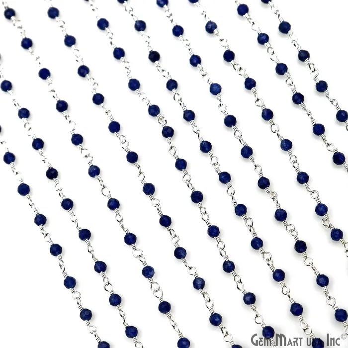 GemMartUSA Necklaces Sapphire 225mm Tiny Beads Silver Plated Wire Wrapped Rosary Chain