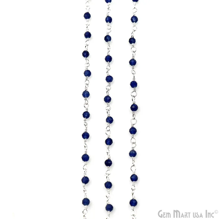 GemMartUSA Necklaces Sapphire 225mm Tiny Beads Silver Plated Wire Wrapped Rosary Chain