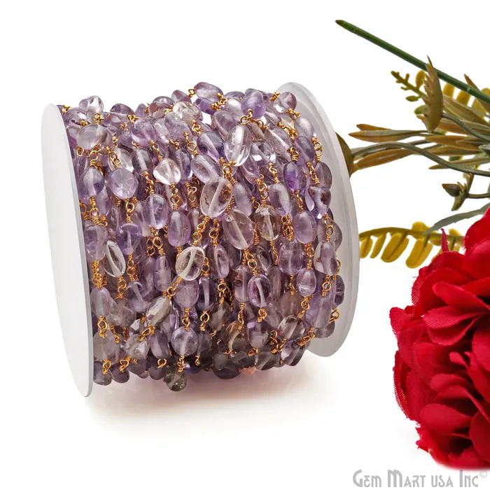 GemMartUSA PreStyled Sets Ametrine 8x5mm Tumble Beads Gold Plated Rosary Chain GemMartUSA PreStyled Sets Ametrine 8x5mm Tumble Beads Gold Plated Rosary Chain