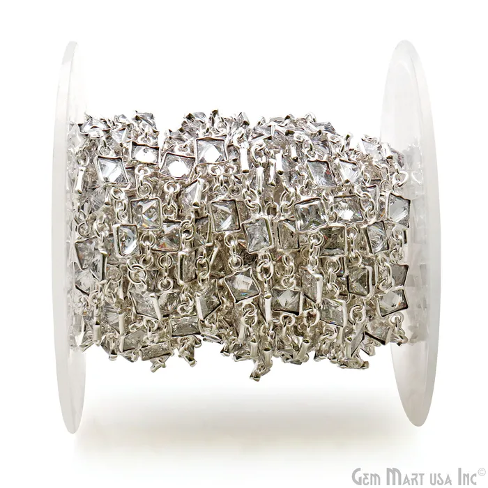 GemMartUSA Rings White Zircon Faceted Square 5mm Silver Plated Continuous Connector Chain