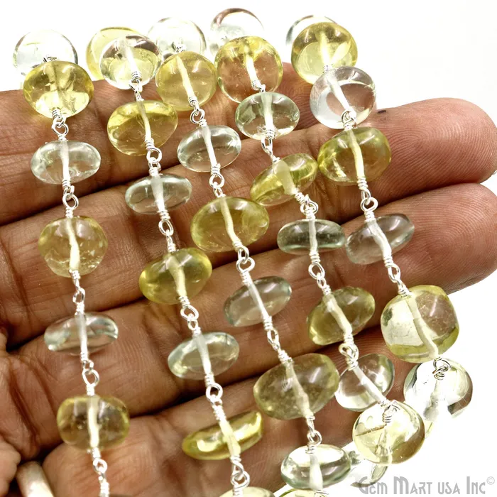 Green Amethyst Lemon Topaz Cabochon Beads 910mm Silver Wire Wrapped Rosary Chain GemMartUSA Necklaces Green Amethyst Lemon Topaz Cabochon Beads 910mm Silver Wire Wrapped Rosary Chain GemMartUSA Necklaces