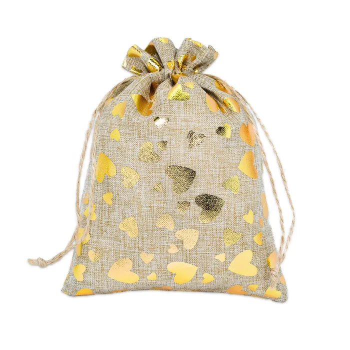 JPIDisplay 4 x 6 Jute Burlap Gold Heart Drawstring Gift Bags Necklaces