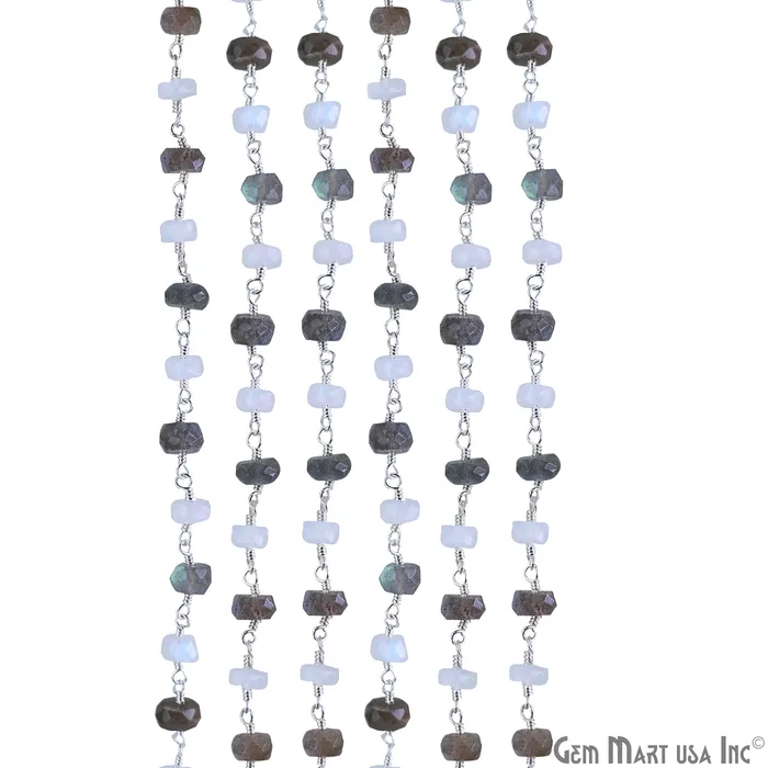 Moonstone Labradorite Oblate Faceted Beads 67mm Silver Wire Wrapped Rosary Chain GemMartUSA Necklaces