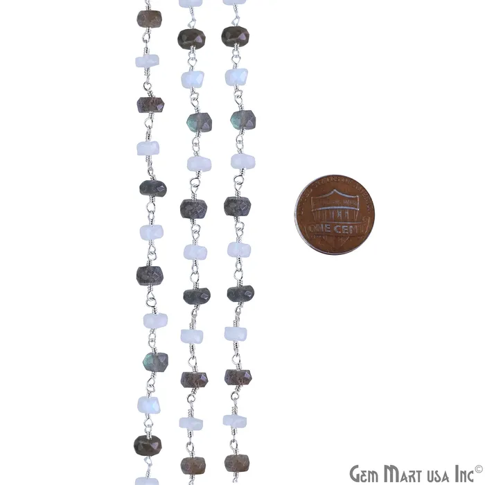 Moonstone Labradorite Oblate Faceted Beads 67mm Silver Wire Wrapped Rosary Chain GemMartUSA Necklaces