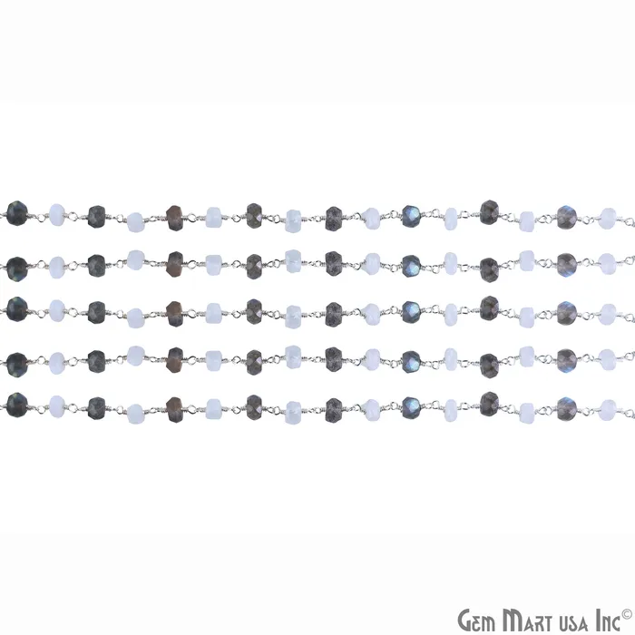 Moonstone Labradorite Oblate Faceted Beads 67mm Silver Wire Wrapped Rosary Chain GemMartUSA Necklaces