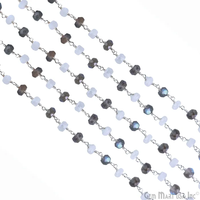 Moonstone Labradorite Oblate Faceted Beads 67mm Silver Wire Wrapped Rosary Chain GemMartUSA Necklaces