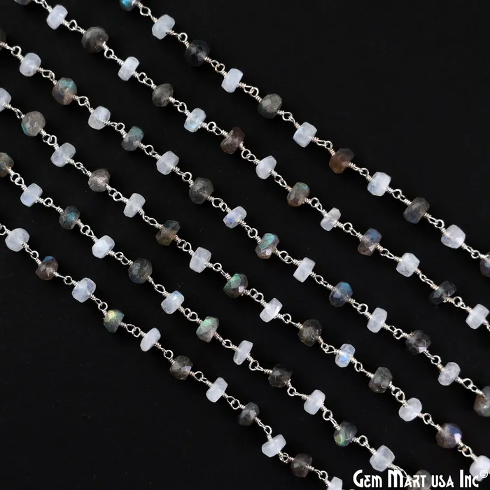 Moonstone Labradorite Oblate Faceted Beads 67mm Silver Wire Wrapped Rosary Chain GemMartUSA Necklaces