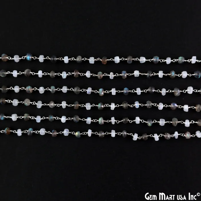 Moonstone Labradorite Oblate Faceted Beads 67mm Silver Wire Wrapped Rosary Chain GemMartUSA Necklaces