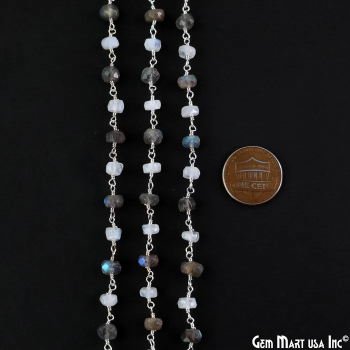 Moonstone Labradorite Oblate Faceted Beads 67mm Silver Wire Wrapped Rosary Chain GemMartUSA Necklaces