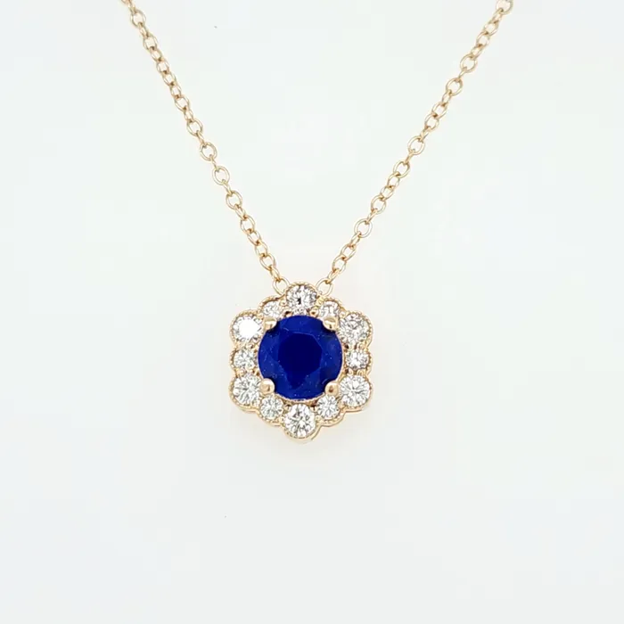 Necklaces Armand Jacoby 14k Yellow Gold 6mm Faceted Lapis Diamond Halo Necklace I8358 Necklaces Armand Jacoby 14k Yellow Gold 6mm Faceted Lapis Diamond Halo Necklace I8358