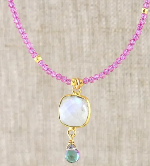 Necklaces AVF AVF Gold Square Bezel Moonstone Mystic Quartz Pink Topaz Necklace SI6705 Necklaces AVF AVF Gold Square Bezel Moonstone Mystic Quartz Pink Topaz Necklace SI6705