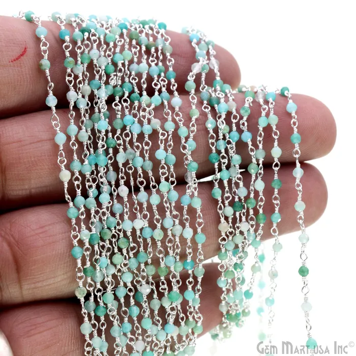 Necklaces GemMartUSA Amazonite 225mm Tiny Beads Silver Plated Wire Wrapped Rosary Chain Necklaces GemMartUSA Amazonite 225mm Tiny Beads Silver Plated Wire Wrapped Rosary Chain