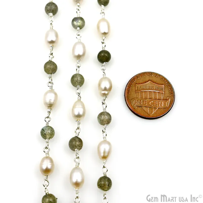 Necklaces Labradorite Cabochon With Pearl Oval Silver Wire Wrapped Rosary Chain GemMartUSA