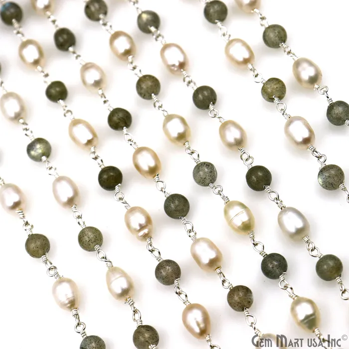 Necklaces Labradorite Cabochon With Pearl Oval Silver Wire Wrapped Rosary Chain GemMartUSA