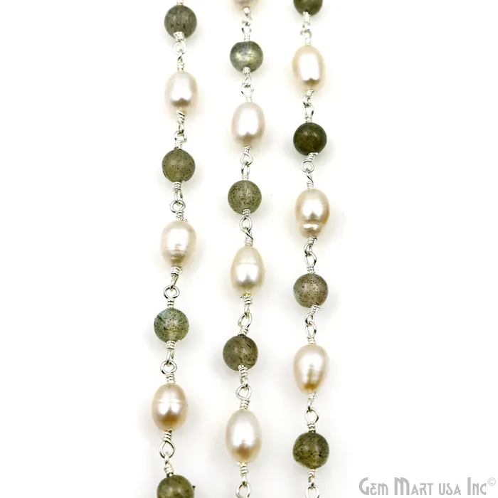 Necklaces Labradorite Cabochon With Pearl Oval Silver Wire Wrapped Rosary Chain GemMartUSA