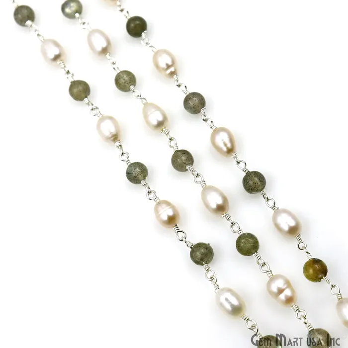 Necklaces Labradorite Cabochon With Pearl Oval Silver Wire Wrapped Rosary Chain GemMartUSA