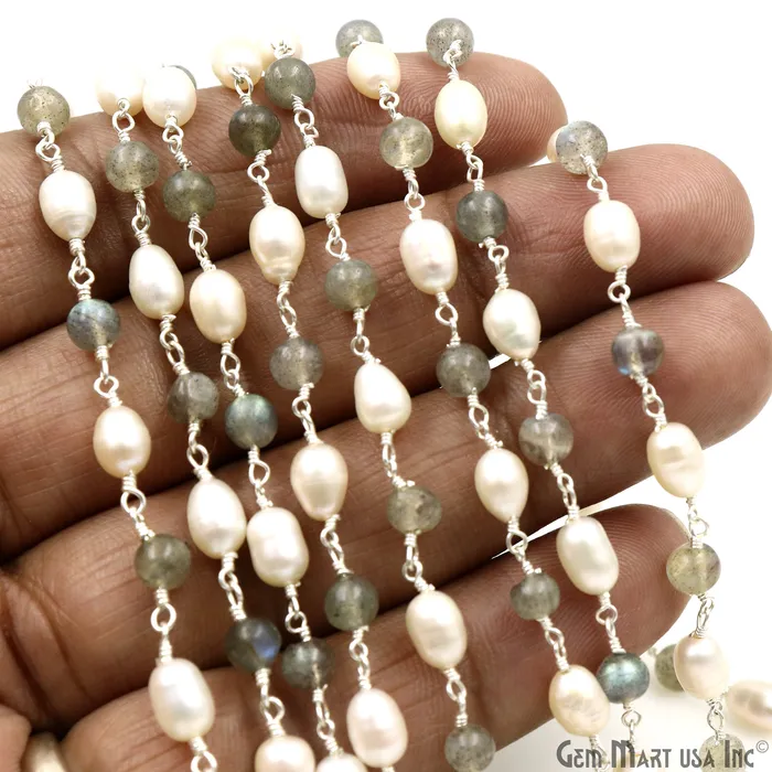 Necklaces Labradorite Cabochon With Pearl Oval Silver Wire Wrapped Rosary Chain GemMartUSA